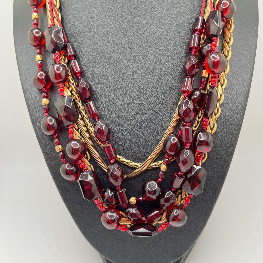 Vintage Multi Gold Tone Flat Snake Chain Necklace w/ Cranberry Red Beads 16"